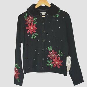 Victoria Jones Cardigan Women's Petite Christmas Poinsettia Sweater Embroidered